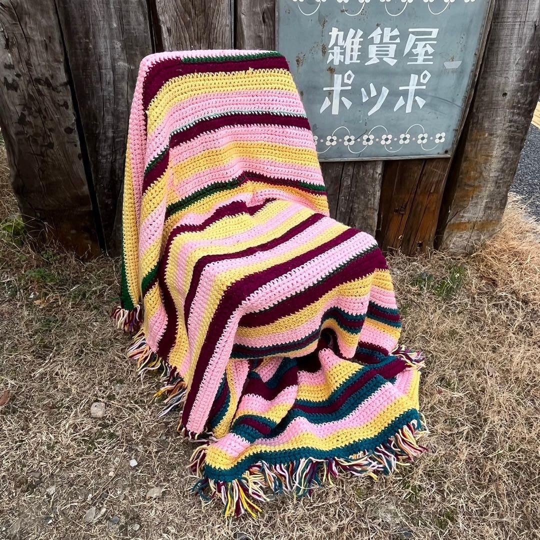 【USA vintage】グラニーブランケット　ストライプ　フリンジ付き