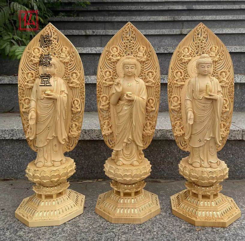 【修縁堂】新作　仏教工芸品　木彫仏像 三宝仏 釈迦牟尼 木彫仏像 仏教工芸品