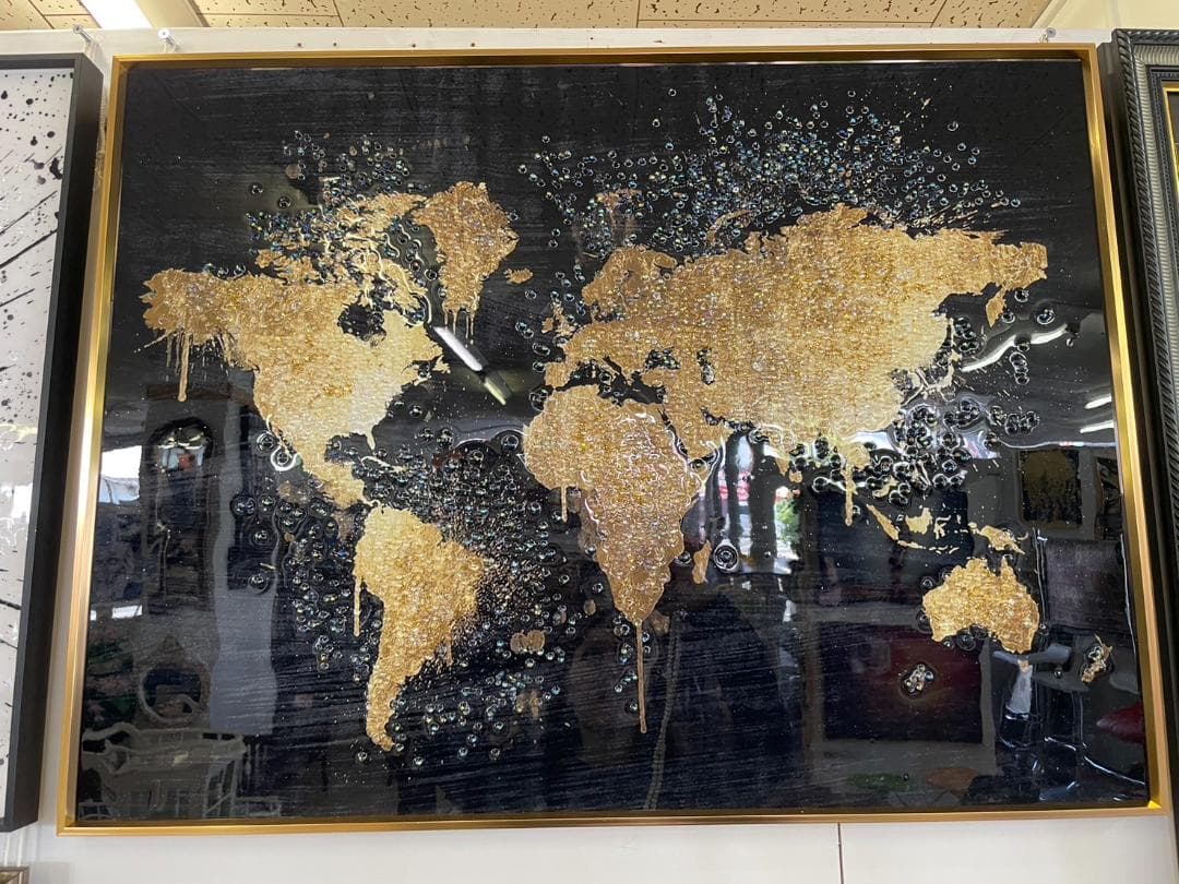 水晶絵　世界地図　アートパネル　クリスタル　立体　絵画　アート　パネル　壁画