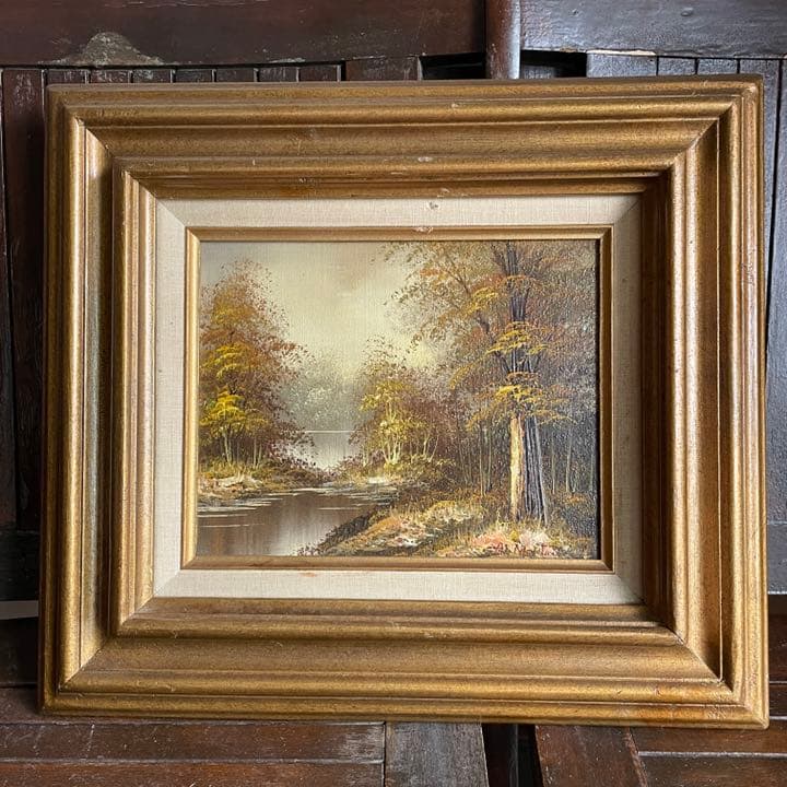 アンティーク絵画　油彩　アメリカ　森林と川　風景画　Antique　ヴィンテージ