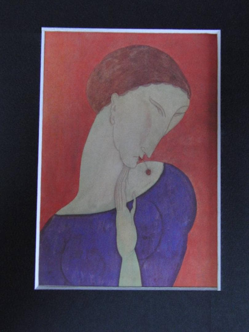 藤田嗣治、「Femme en bleu」、希少画集の額装画、人気作品