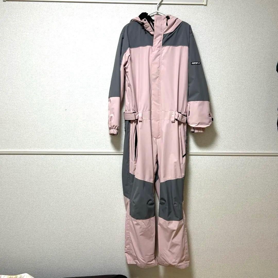 女性用スノーボードオーバーオール ピンク/グレー