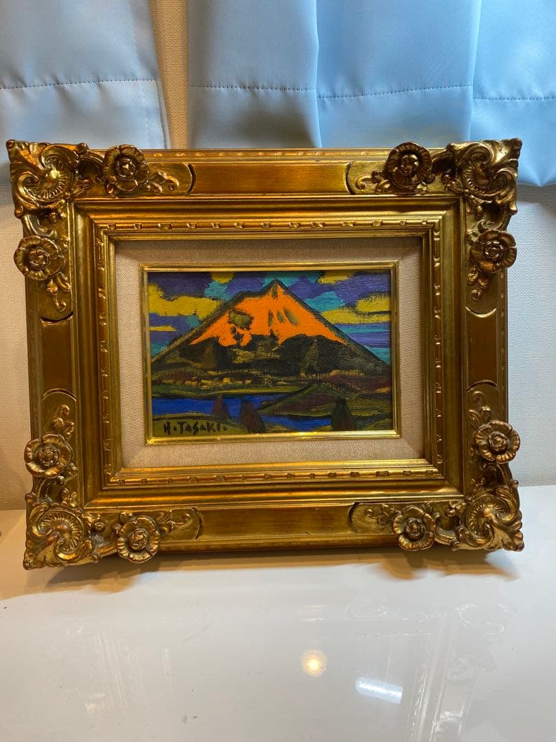 田崎広助　朱富士　油絵　油彩　画寸　SM