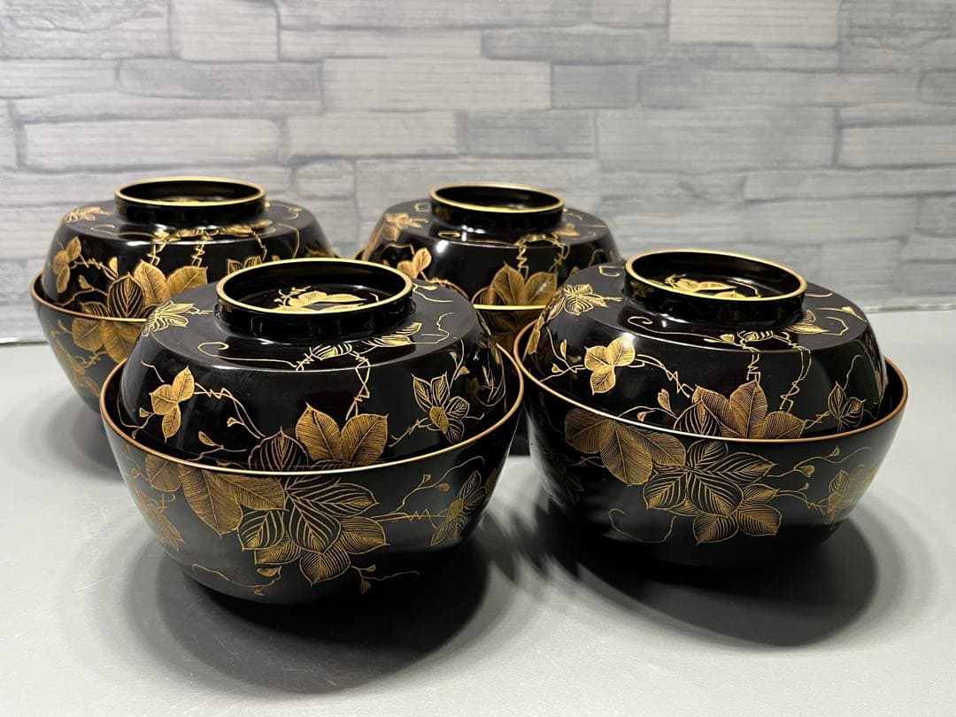 極上　輪島塗　沈金蒔絵　煮椀　吸物椀　四客　木製