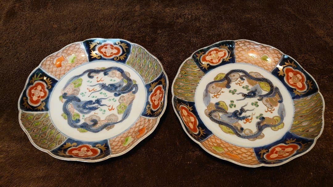 古伊万里　伊万里　大聖寺伊万里　大皿　双龍　小紋　八寸皿　３客