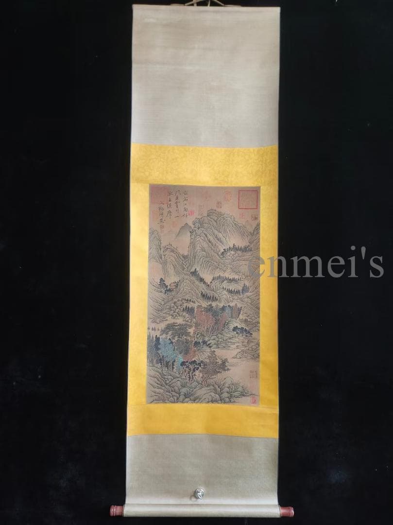 中国古美術 明代 文徴明作款 山水画 水墨画 絹本 三尺 手描き 掛け軸 肉筆