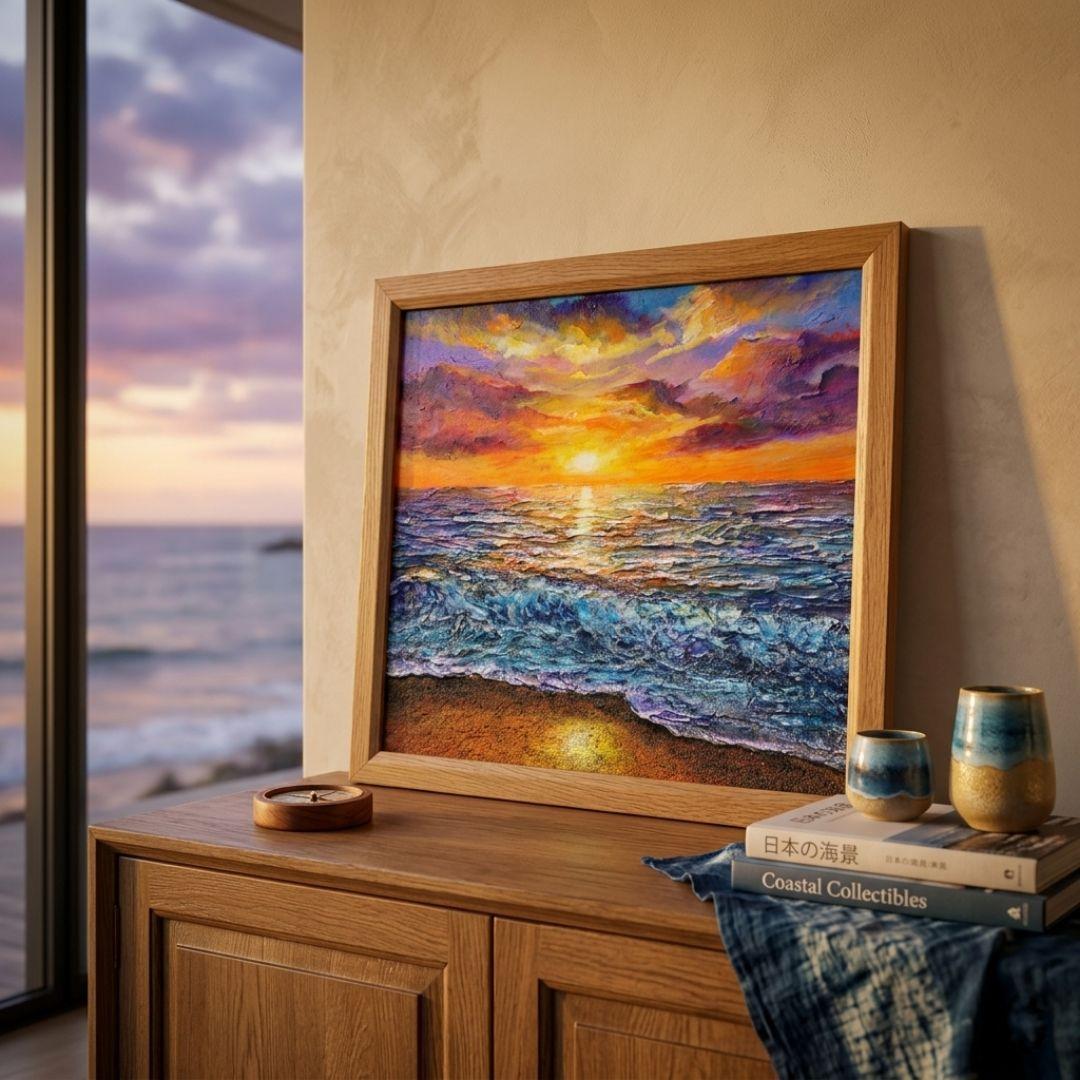 油絵 油彩 油彩画 絵 絵画 【水平線に沈む夕日】