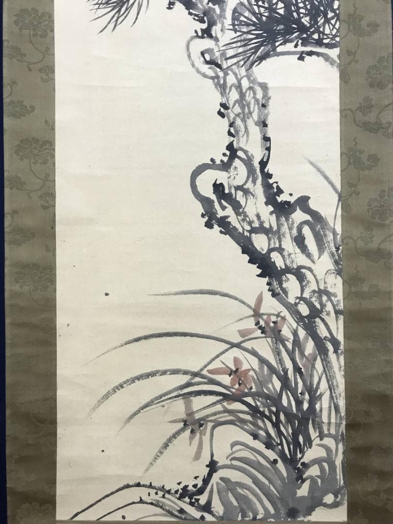真作/藤本鐵石/松蘭画賛/老松図/蘭図/ラン図/掛軸/名家伝来AE-375