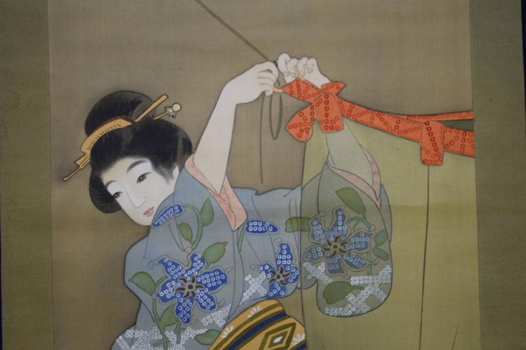 真作/竹園/蚊帳美人図/布袋屋掛軸HE-738