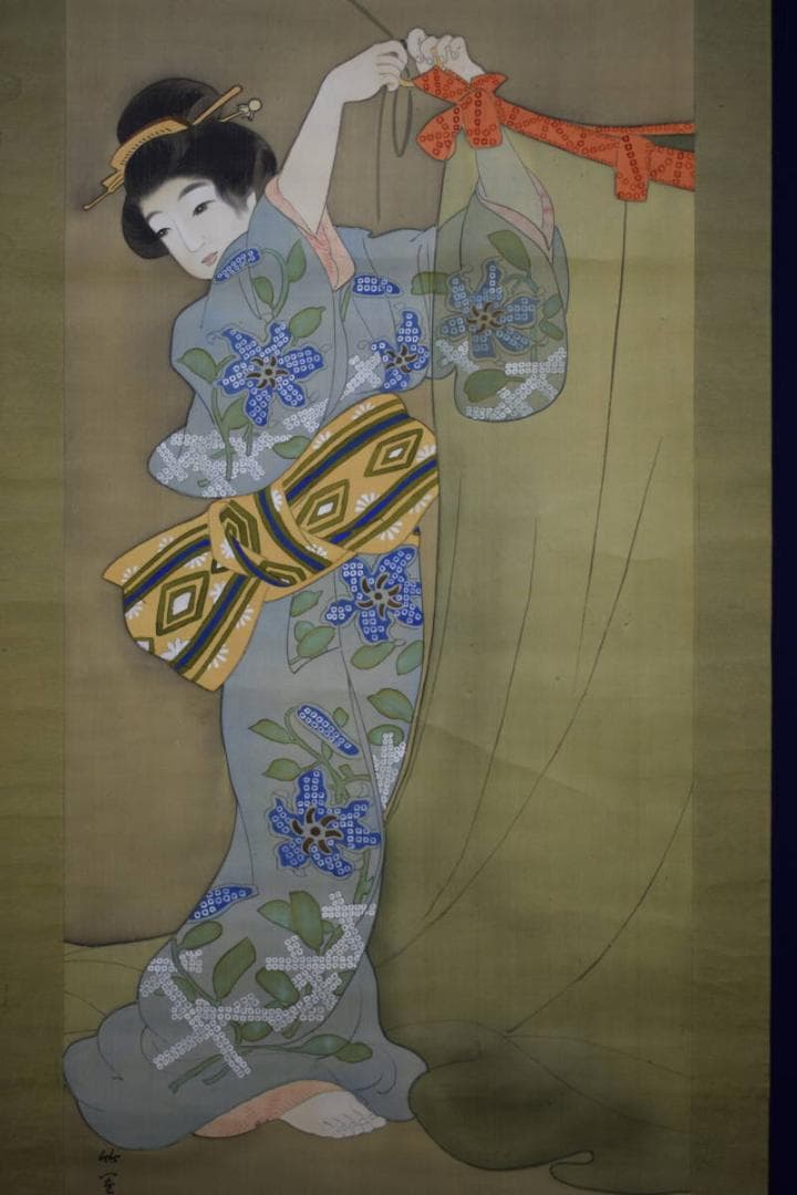 真作/竹園/蚊帳美人図/布袋屋掛軸HE-738