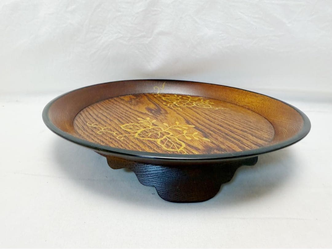 未使用 茶道具 京都の塗師 北村葵春作 惺斎好写欅摺漆踊桐絵 菓子盆 三つ足共箱
