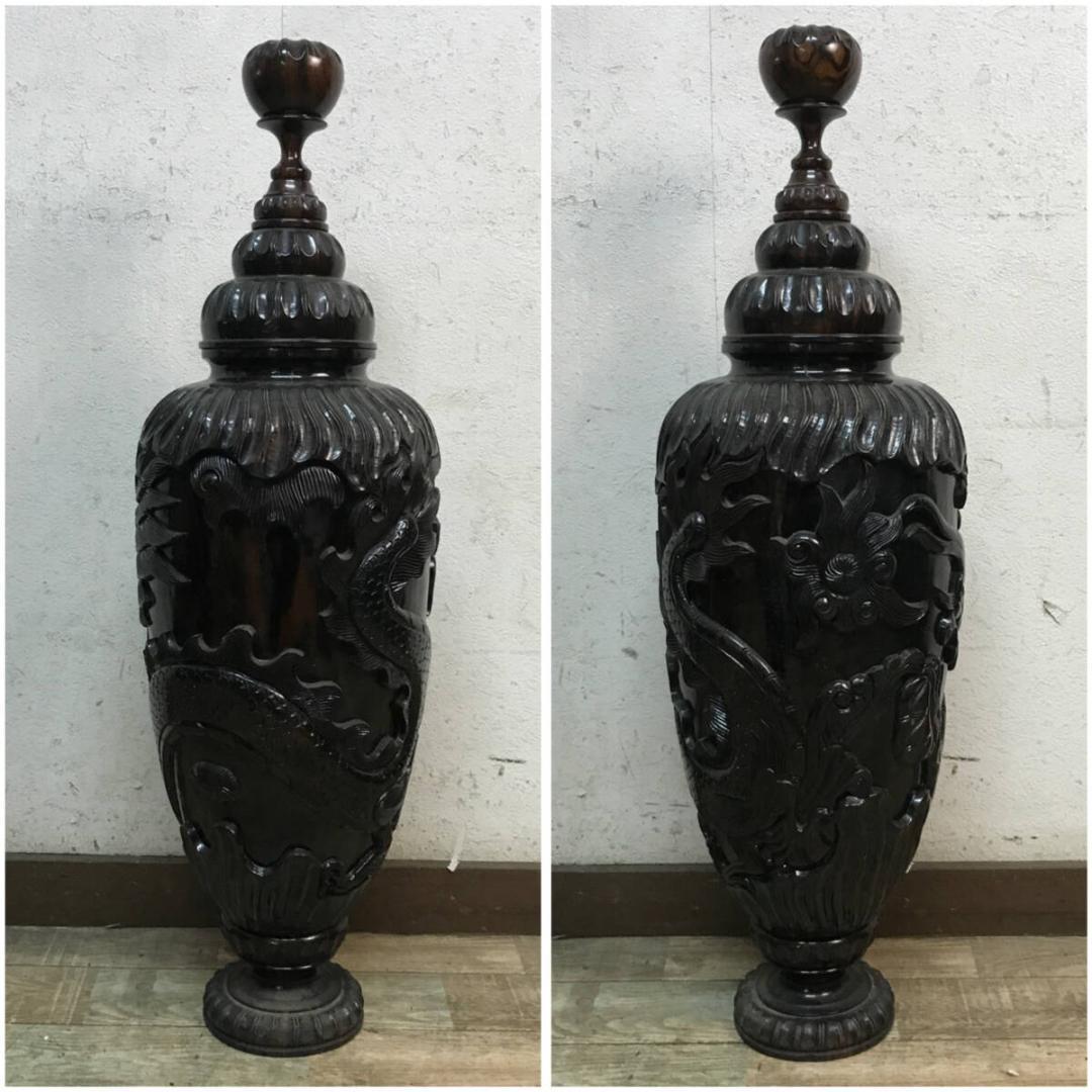 大型 壷 花器 木製 木彫り 龍 レトロ 高さ83cm×24cm×24cm