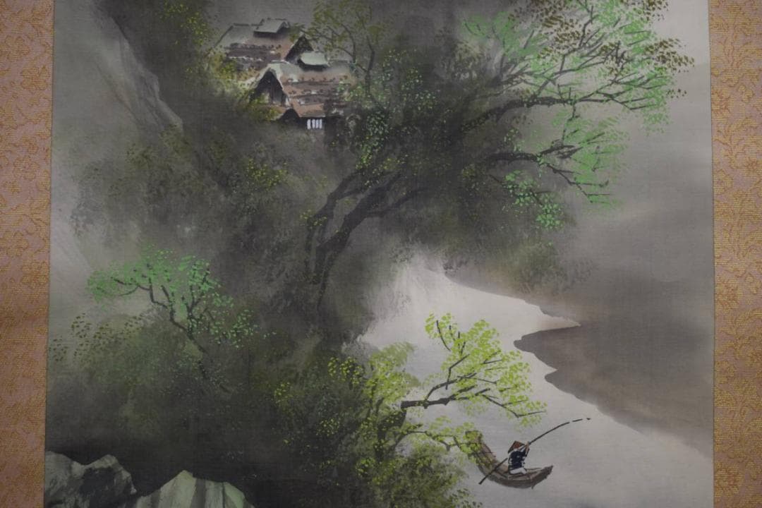 真作/松雲/彩色山水漁夫図/布袋屋掛軸HE-444