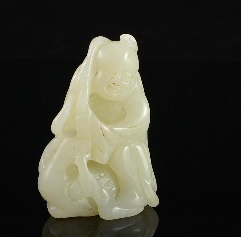 中国　玉石白玉彫刻　人物刻　根付　紙鎮　置物　C　R7134E