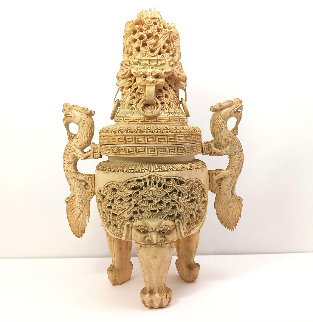 Y958-2 高級彫刻 細密造 龍細工 獅子香炉 重量1262.2g 高さ29㎝