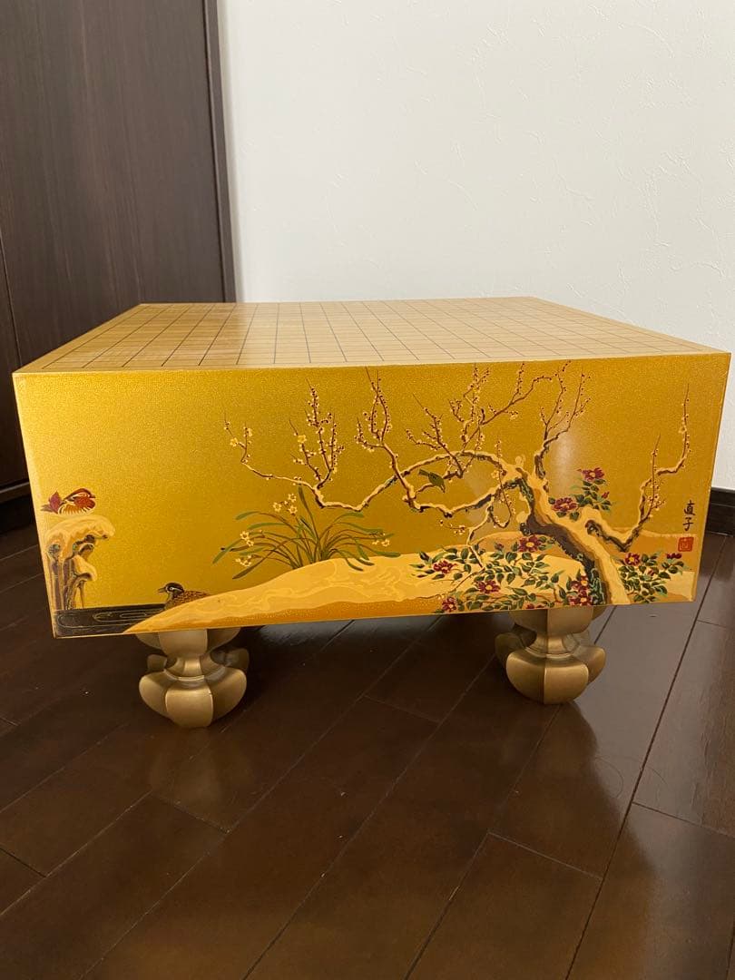 極上品 日本画家 野畑直子作 金地漆絵四季花鳥図碁盤 （囲碁）