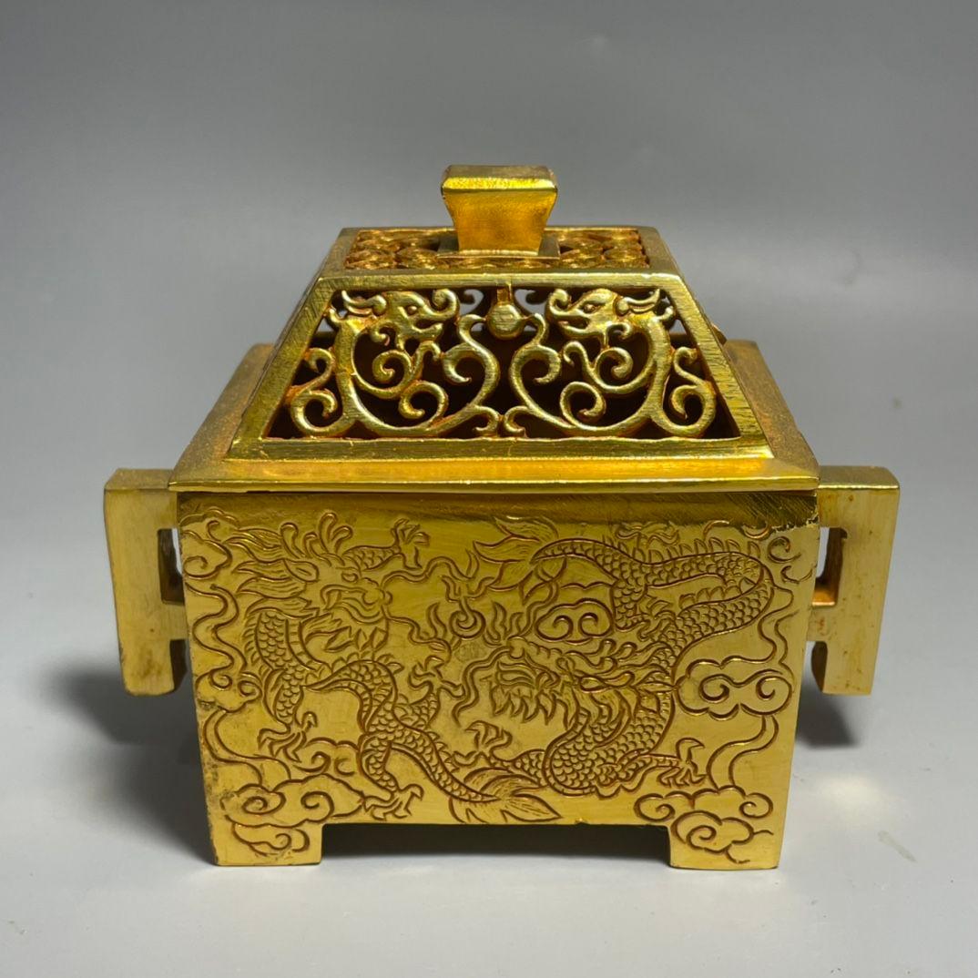 銅制 竜紋透かし彫り蓋宣徳方炉 室内香炉 香道具 茶道具 装飾品 工芸品 置物