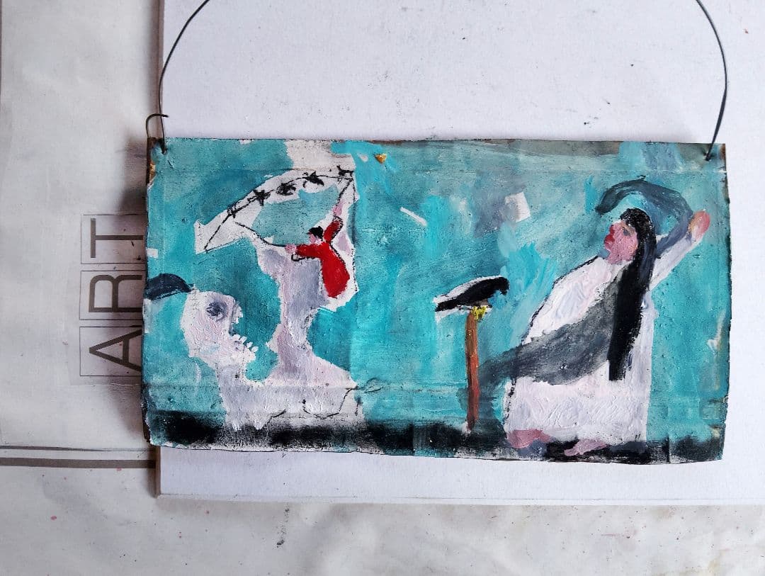 抽象油彩画 人物と動物の描写