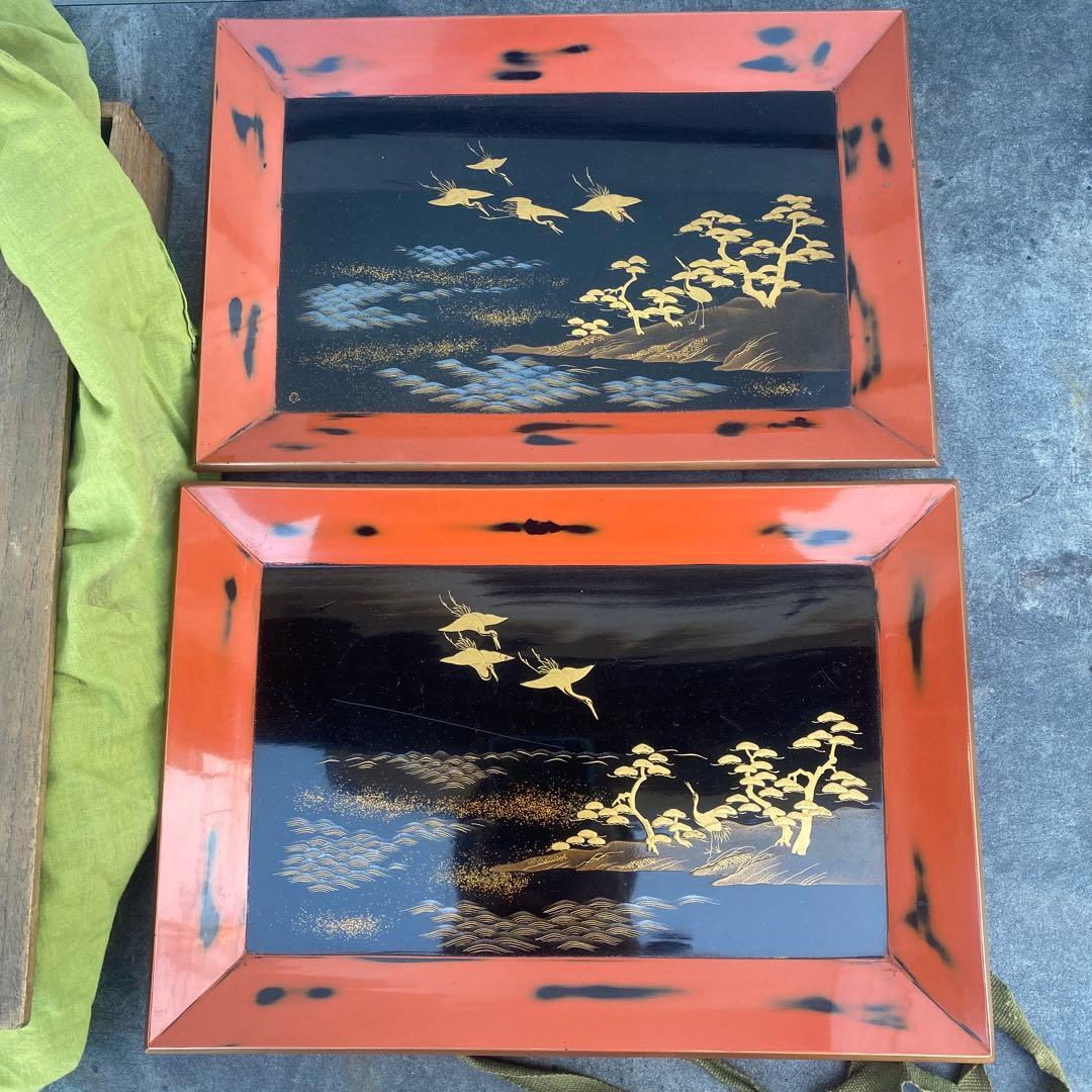 漆器盆セット 2枚 松鶴蒔絵　古美術　アンティーク