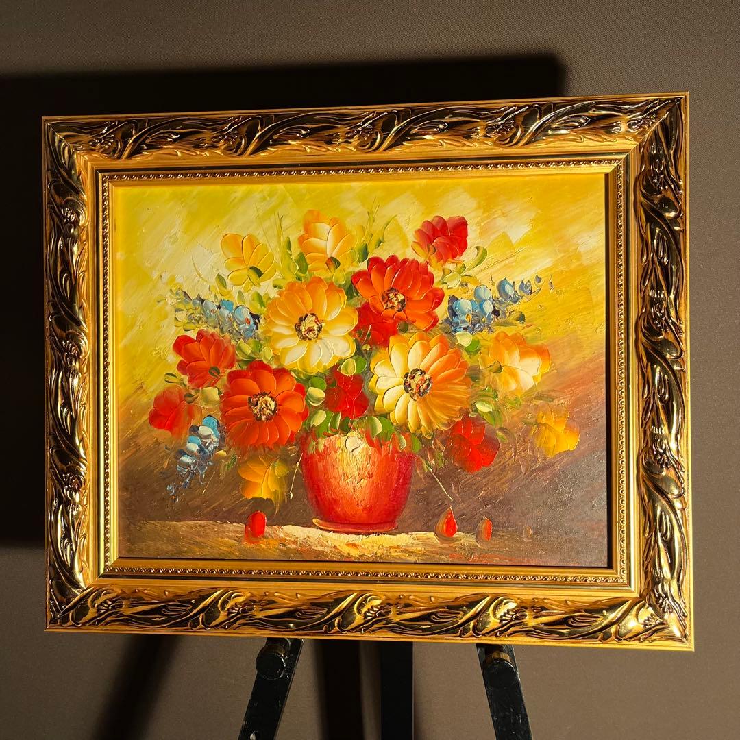 手描き油絵 花瓶の花 額付 インテリア 油彩画 肉筆絵画