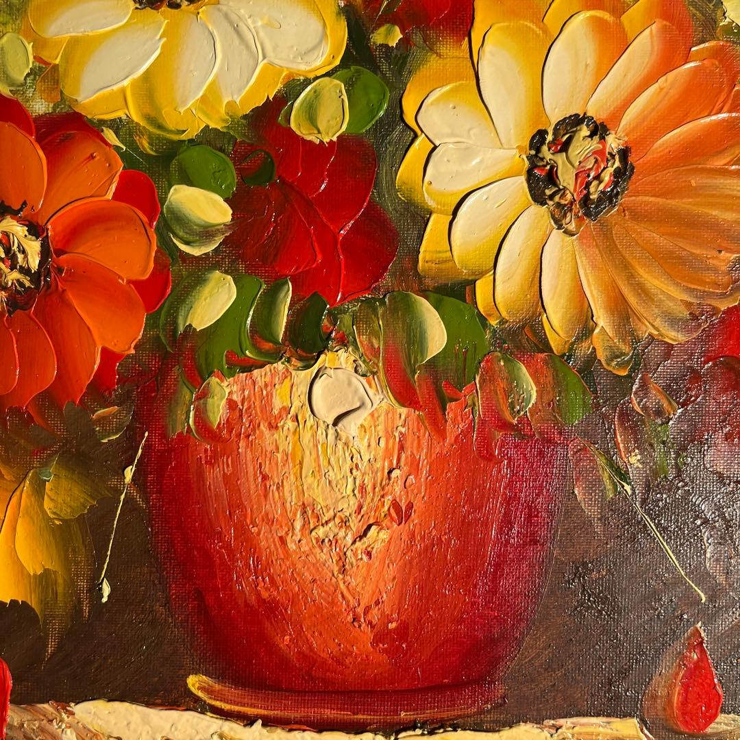 手描き油絵 花瓶の花 額付 インテリア 油彩画 肉筆絵画
