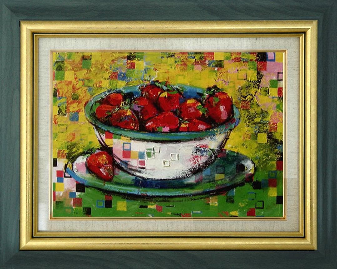油絵 菅家令 絵 絵画インテリア額付(青緑＋金色の枠) uF6-061003果物