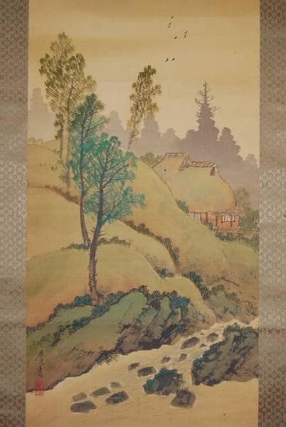 真作/森廣陵/山水人物図/布袋屋掛軸HB-297