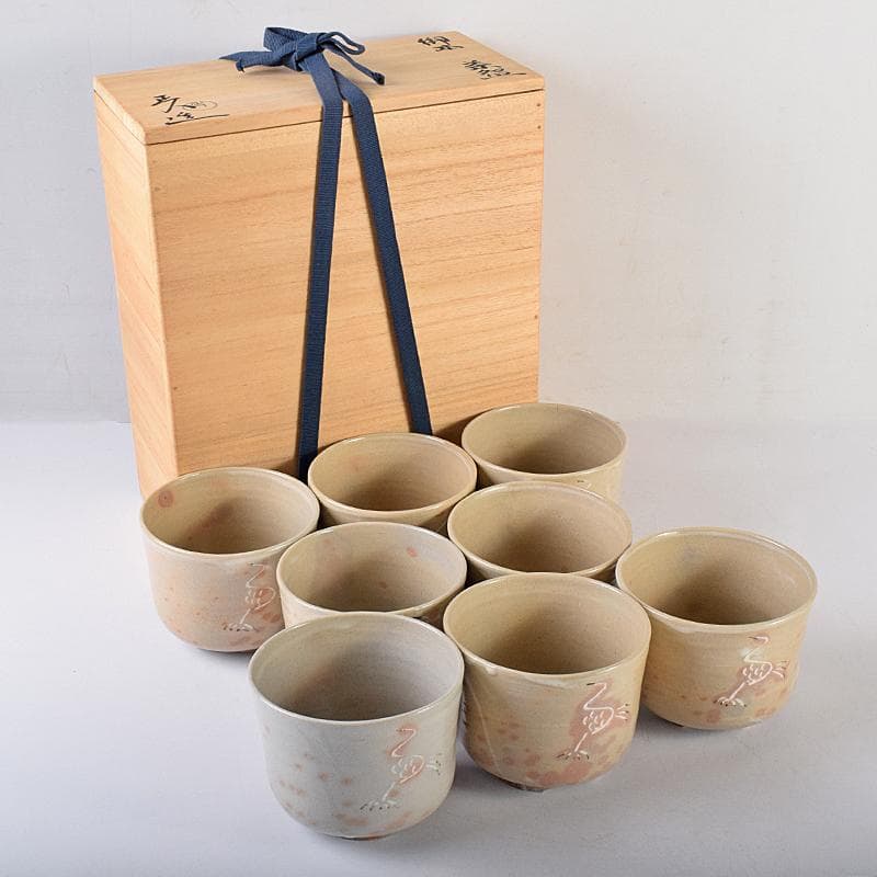 茶道具　赤膚焼　大塩正人造　御本立鶴　数茶碗　八客　共箱　V　R8550B