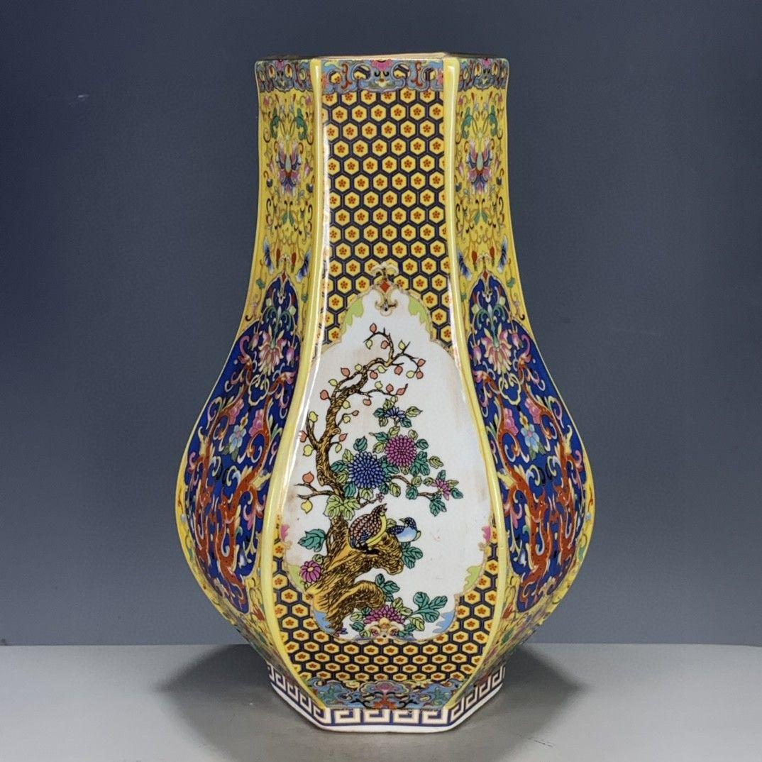 清代雍正彩蒔花鳥多稜花瓶 景徳鎮 陶磁器 装飾品 現代工芸品美術品 置物