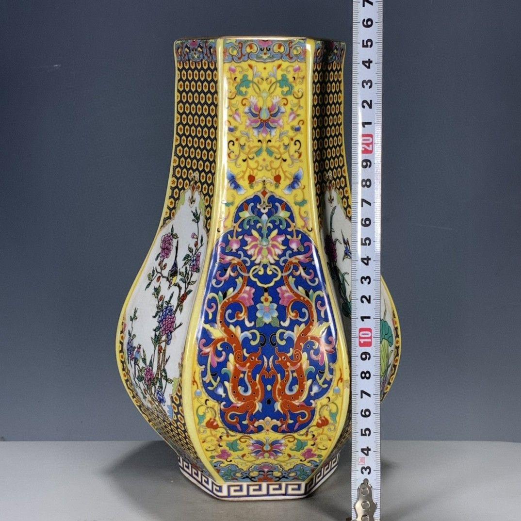 清代雍正彩蒔花鳥多稜花瓶 景徳鎮 陶磁器 装飾品 現代工芸品美術品 置物