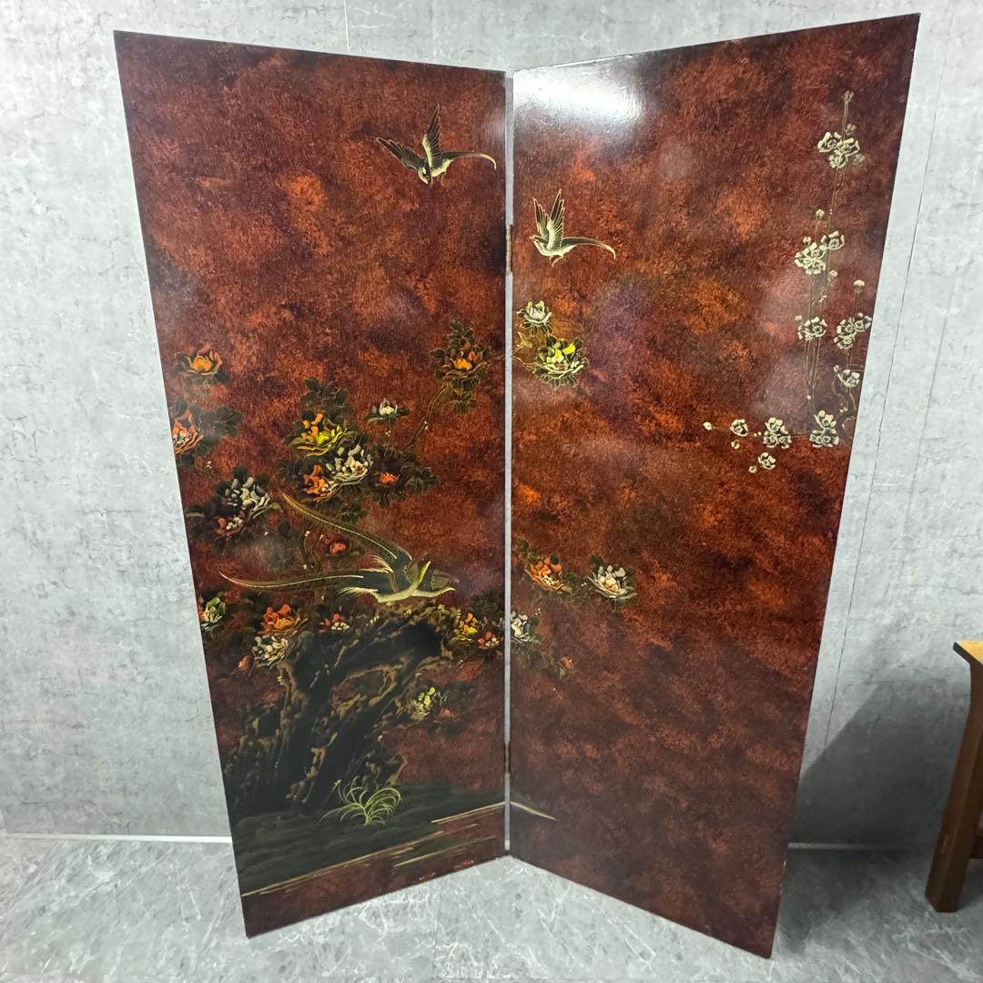 アンティーク　屏風　衝立　パーティション　花鳥　装飾　飾り　中国家具