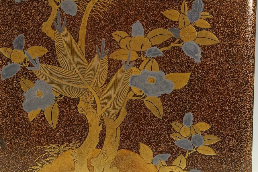 名品 岩庭草花蒔絵 時代 文箱 内 刺繍貼 美品(K-YC576)
