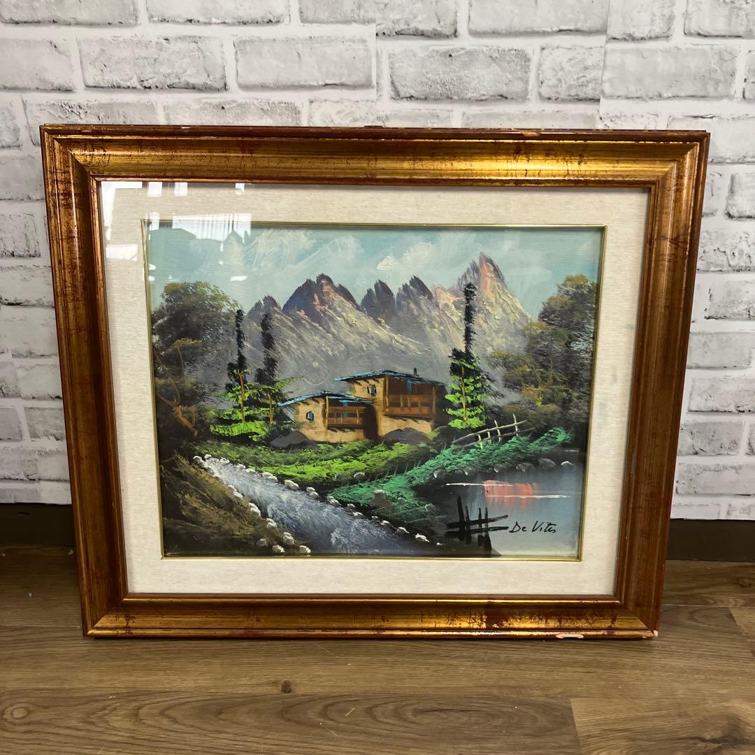 イタリア製 油絵 DE VITIS 風景画 山小屋 額縁入り DE VITIS