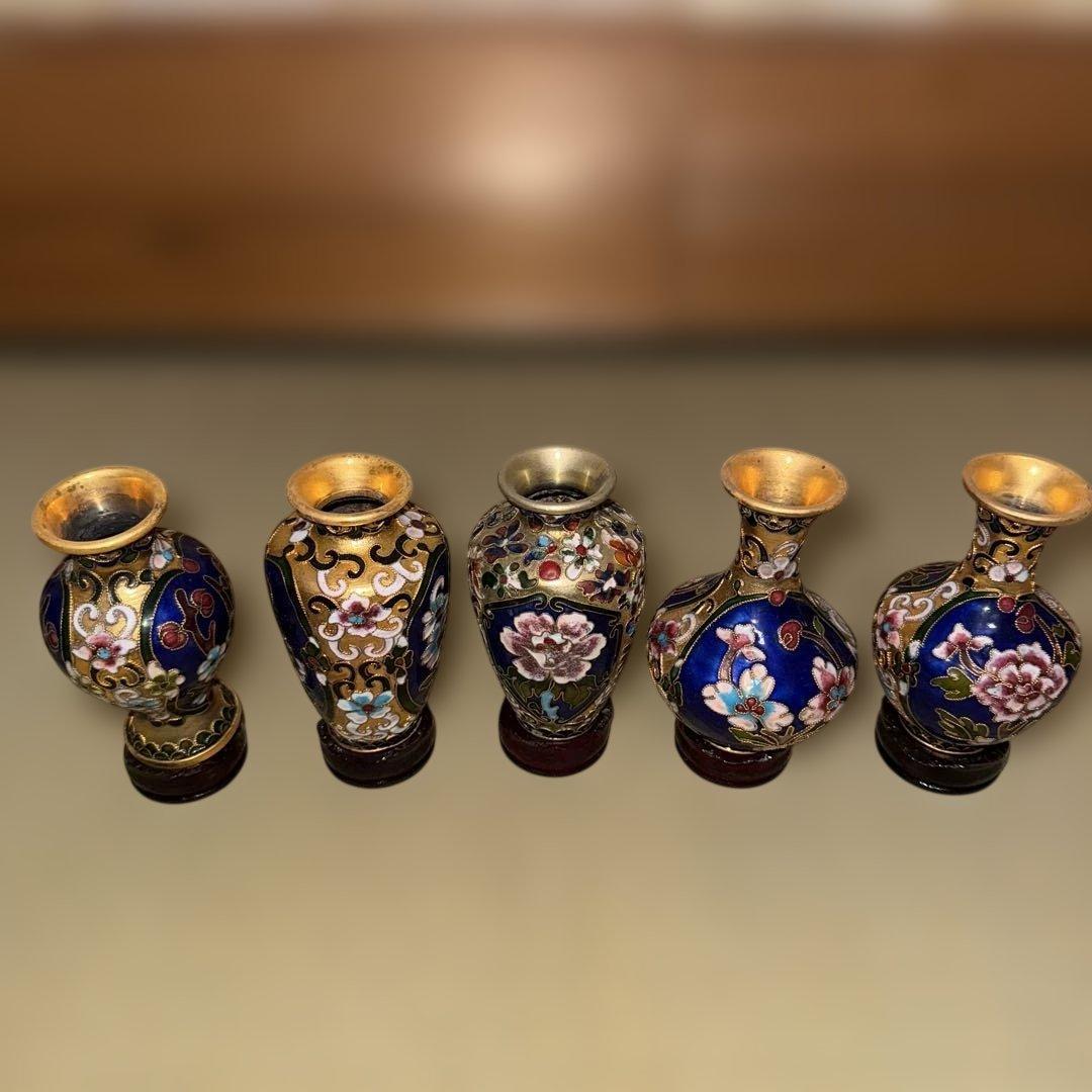 骨董品 エナメル装飾の金属花瓶セット 5点