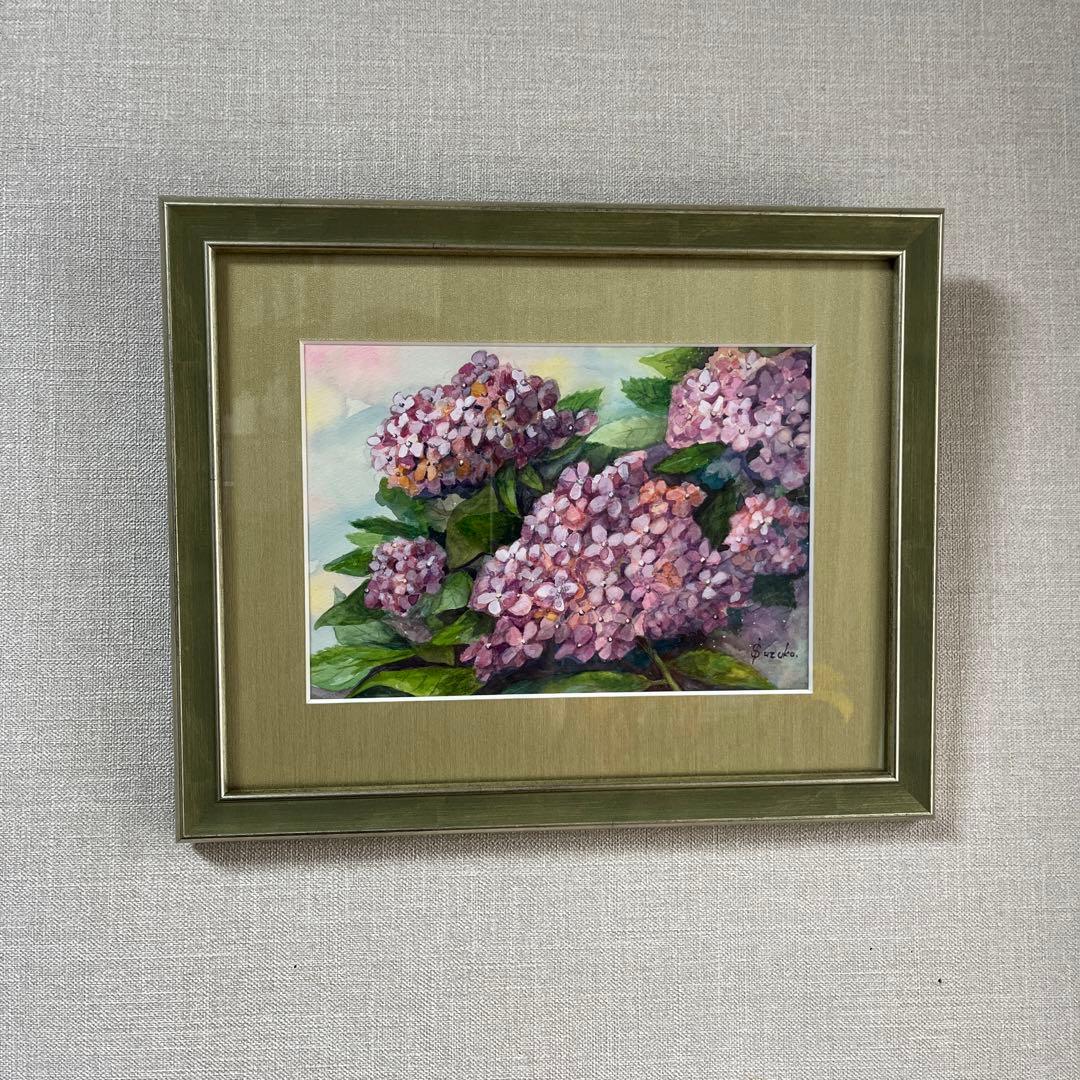 透明水彩画　SＭ　紫陽花　額付　ガラス