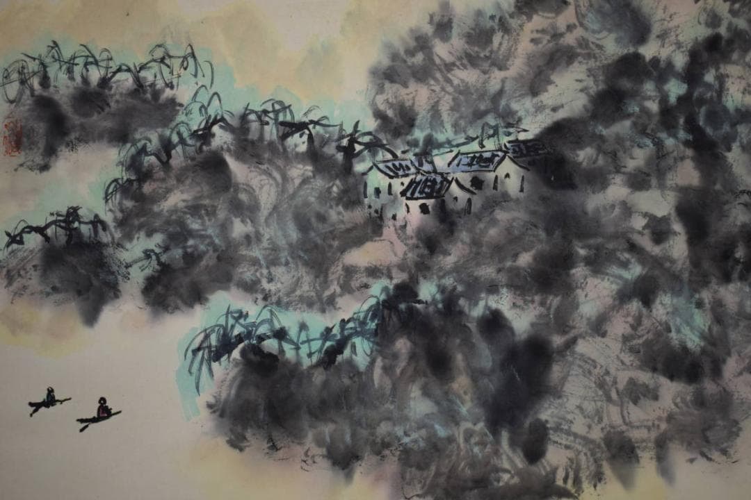 真作/湖華/暮帰山水風景図/布袋屋掛軸HF-607