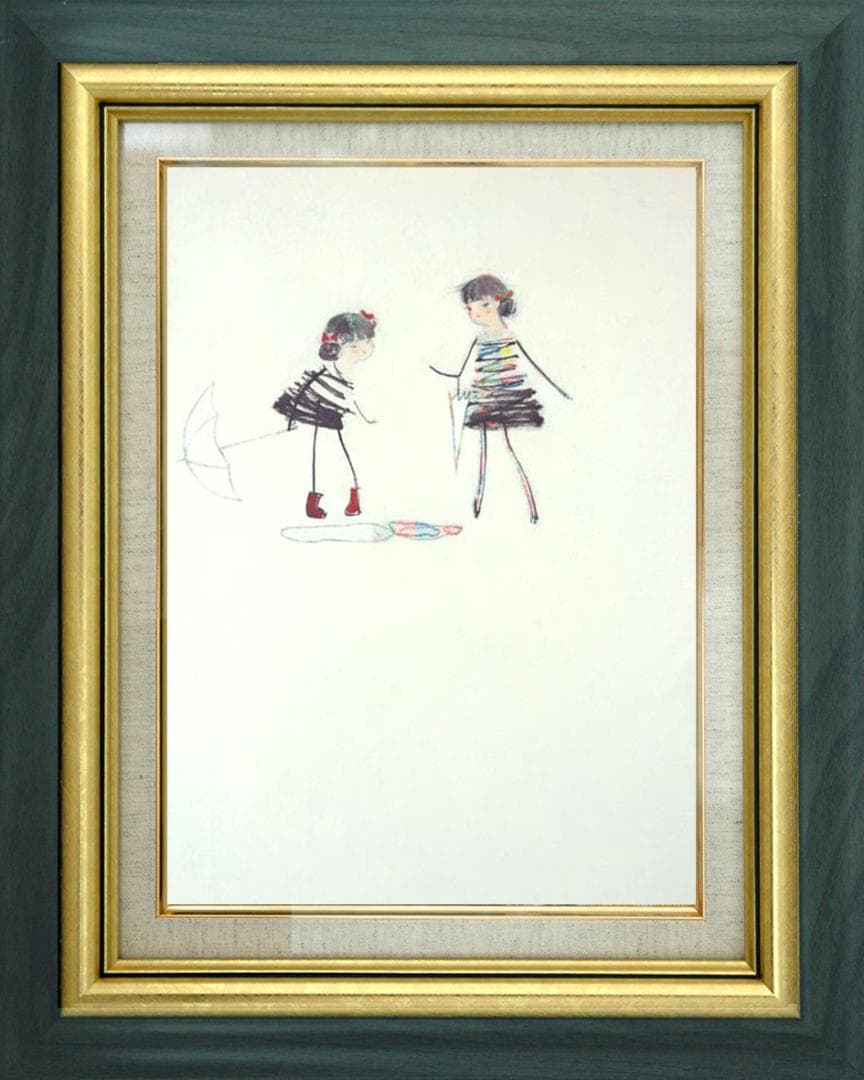油絵 絵 絵画インテリア 額付(青緑＋金色の枠)F4-040314 子供雨あがり