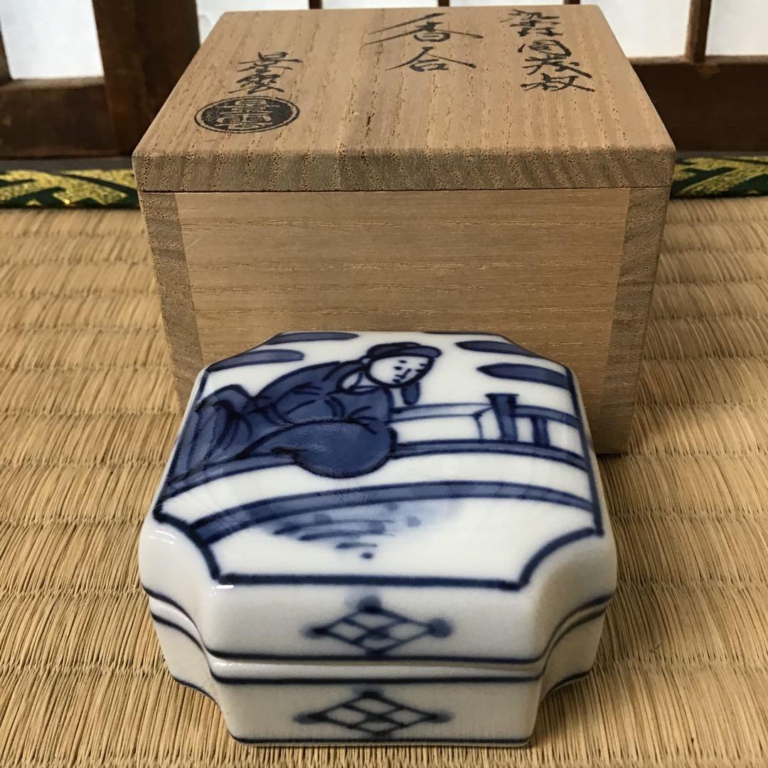 茶道具　香合　染付周茂叔香合　景雲作　共箱　S111KG