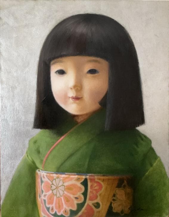 ❤️新作 油絵 菅家令子絵 絵画インテリアF6-010626 市松日本人形可愛い