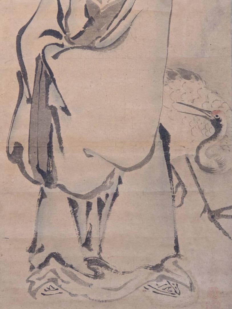 【真作】掛軸　高士図　鶴と仙人　品格漂う水墨人物画　気品ある筆致　T27