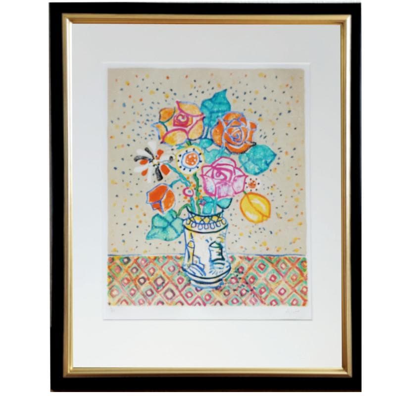 ☆アイズピリ☆「ベージュ背景のバラの花束」リトグラフ　大判新品額！