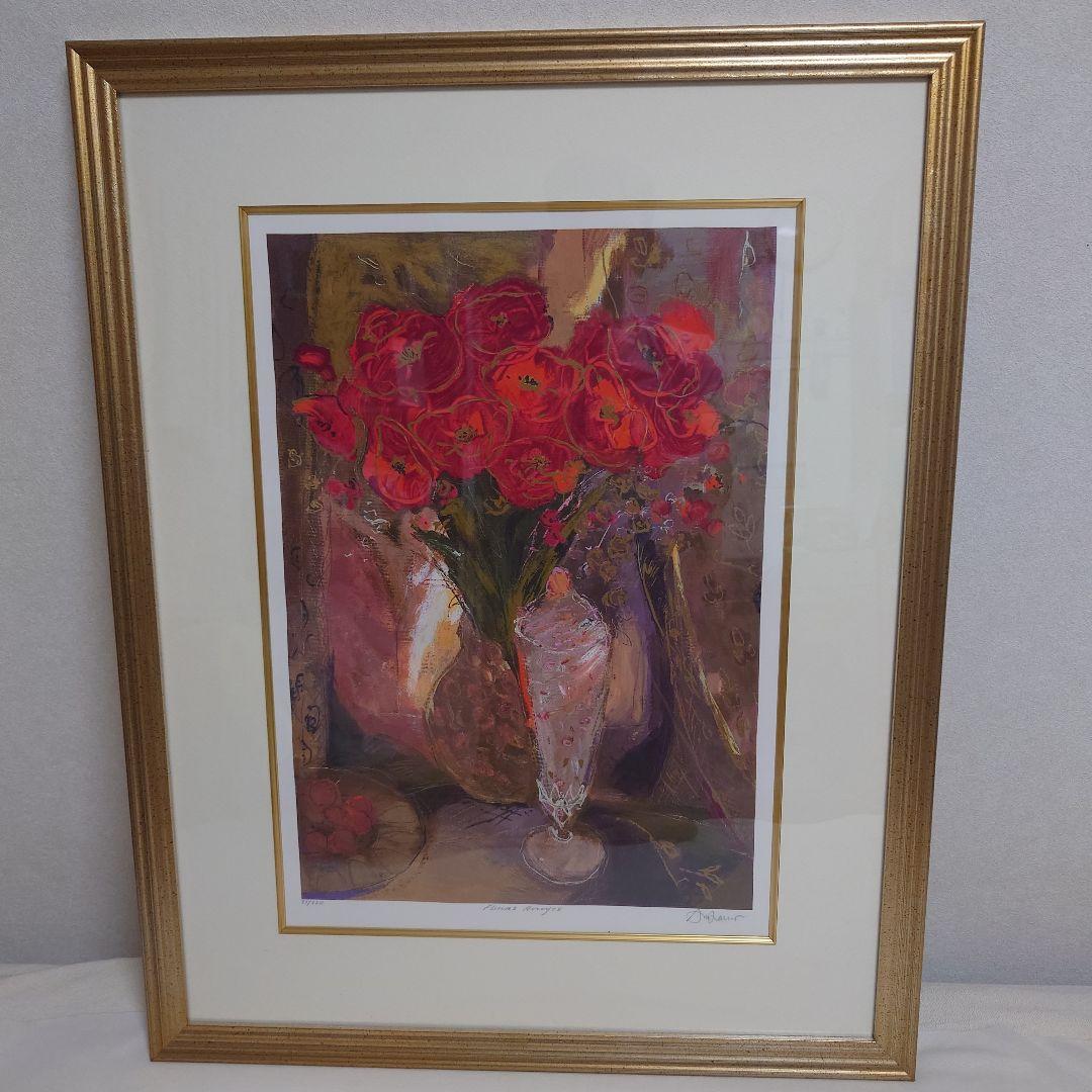 アンドリュープライス　赤いバラ　版画　花　絵画　静物画　花瓶　額入り