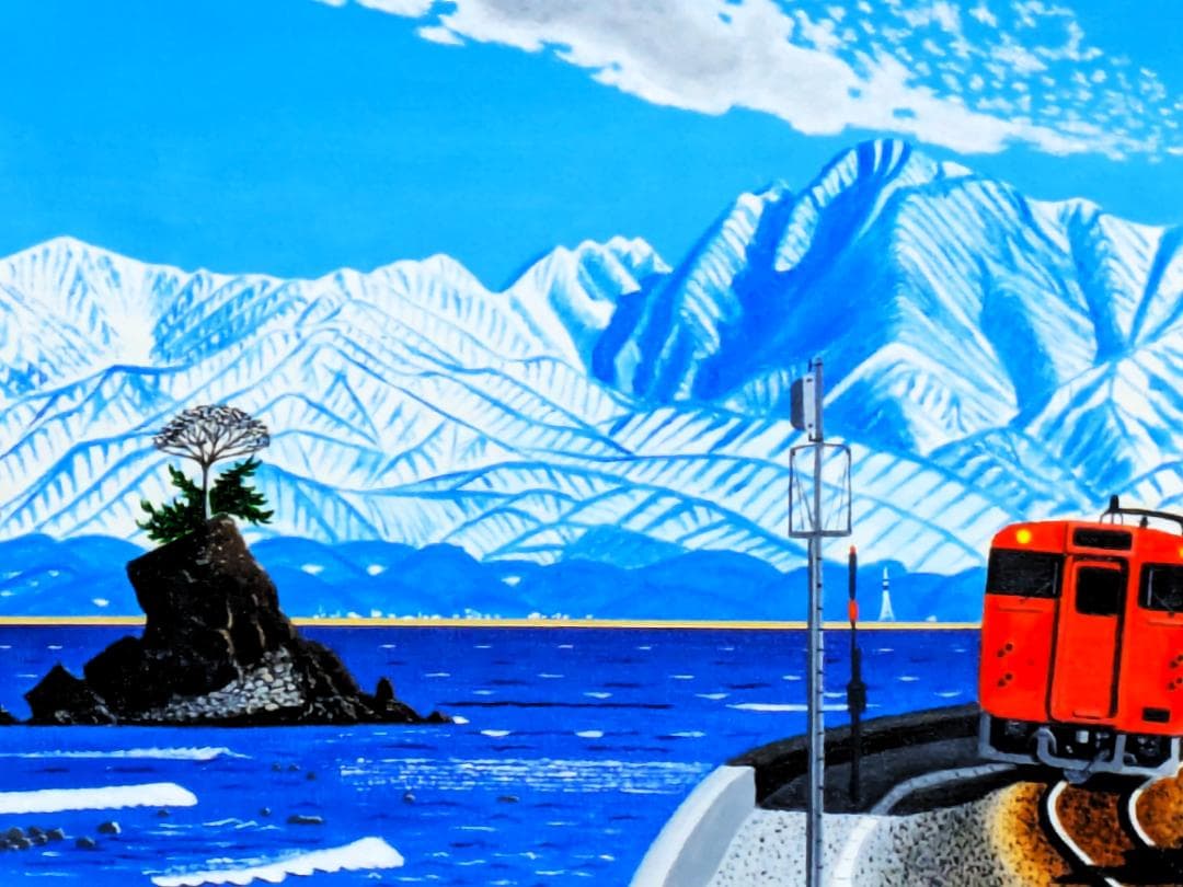 ★雨晴れ海岸を走る電車・肉筆油彩画・F6キャンバス