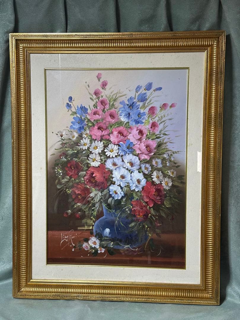 最終価格　真作絵画　リナ・ロッシ フラワーア-ト油彩 肉筆 美術品 薔薇コスモス