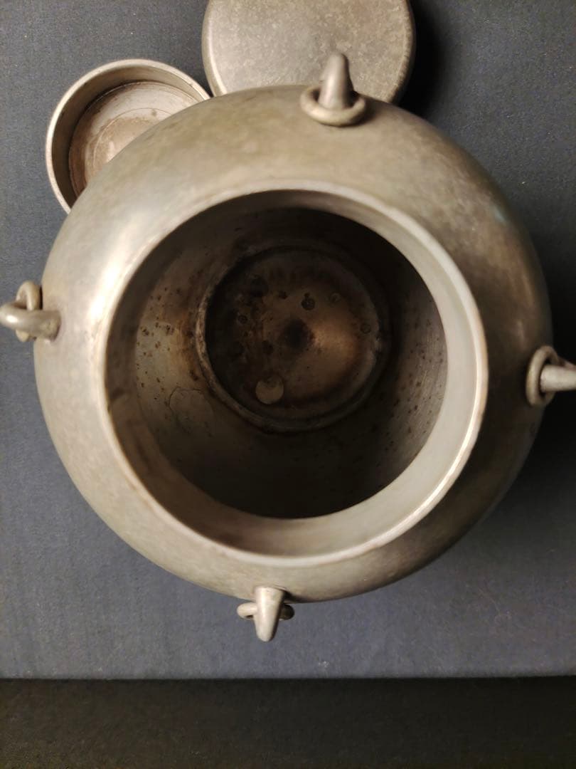 古錫 蔵六居造 錫製無紋四耳帯環茶心壺 茶道具 茶筒 古美術品 重さ910g