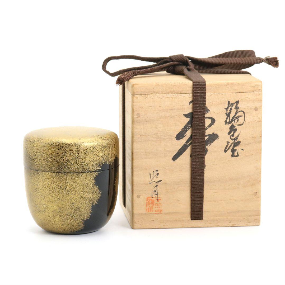照月作 輪島塗 しのぶ文 沈金 中棗 茶道具 共箱共布　V939　N8