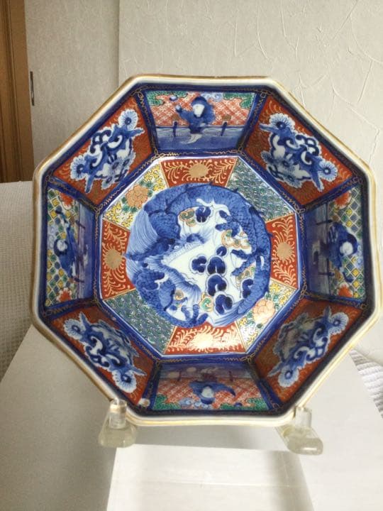 美品！！ 古伊万里「色絵金蘭手・八角深鉢 」龍図見込/縁起物