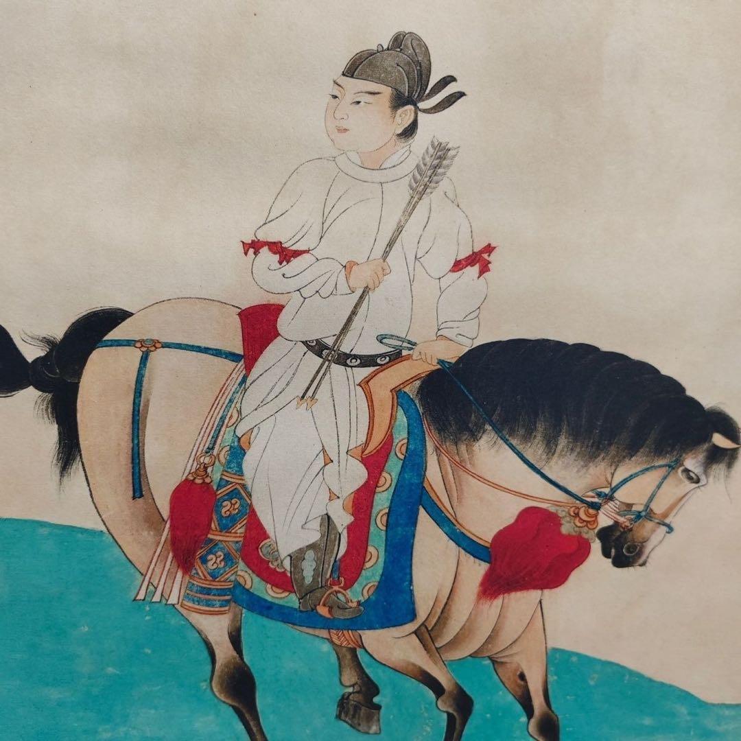 中堂 掛け軸 張大千 騎馬 唐人行猟 人物画 中国画 山水人物