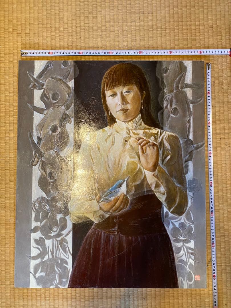 油彩画 女性と小鳥 約60cm x 73cm - 作: M.Funayama