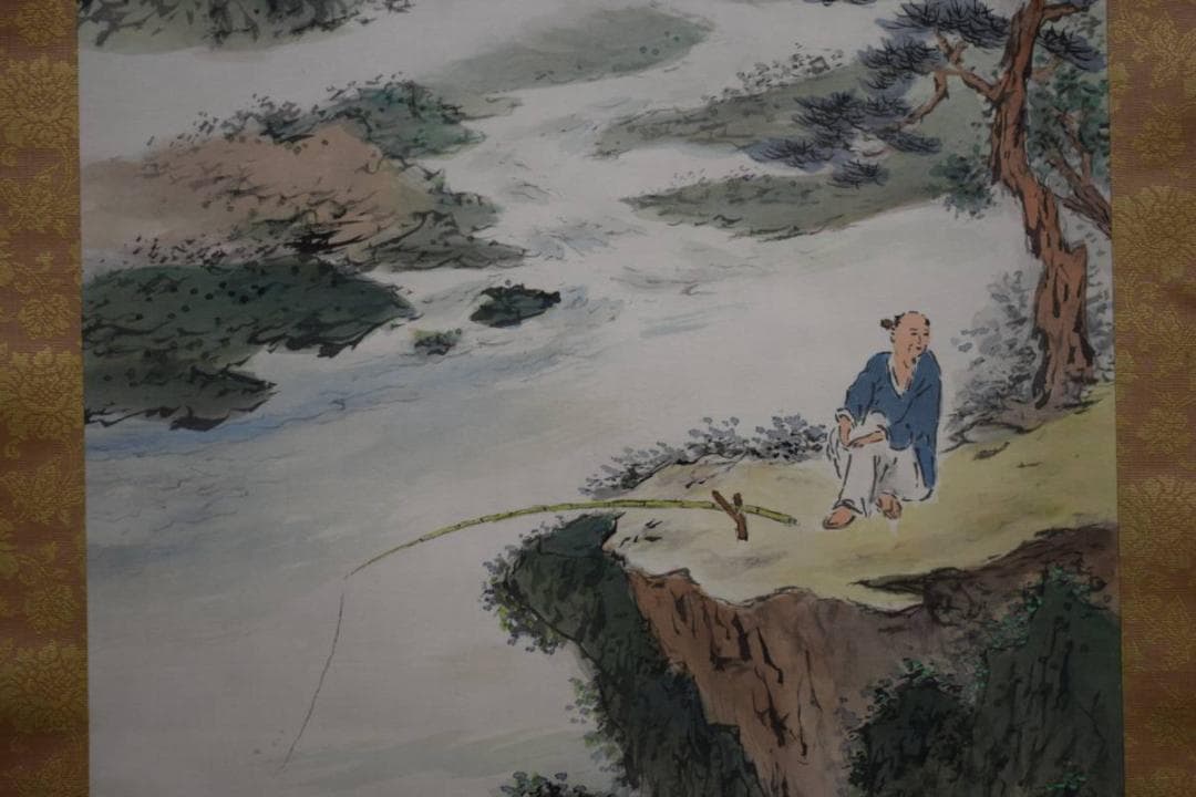 真作/横山春渓/渓流漁楽図/桐共箱二重箱付/布袋屋掛軸HE-214
